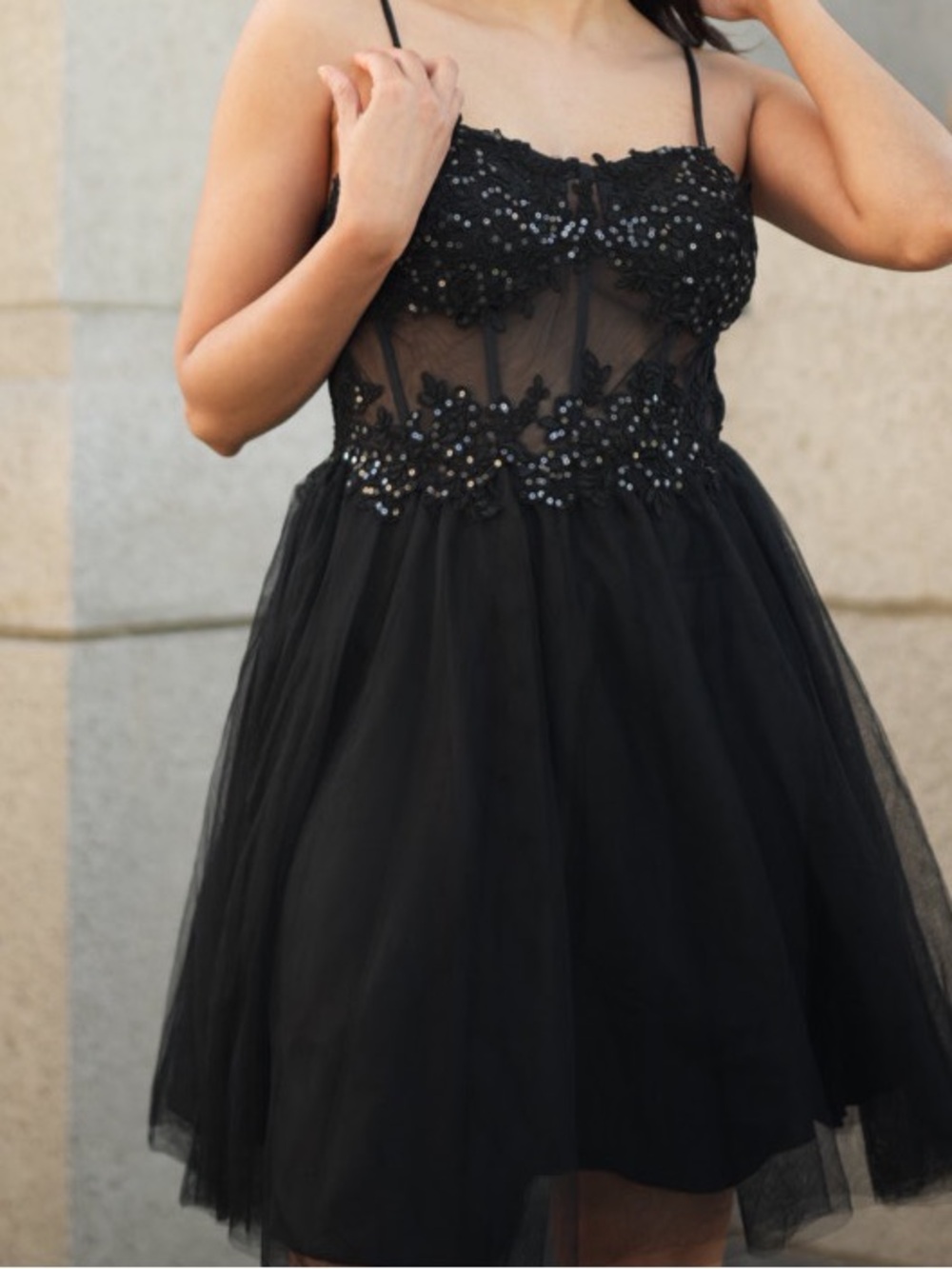 JJs House Black Sheer Lace & Tulle Chemise with Sequin Embellishment
